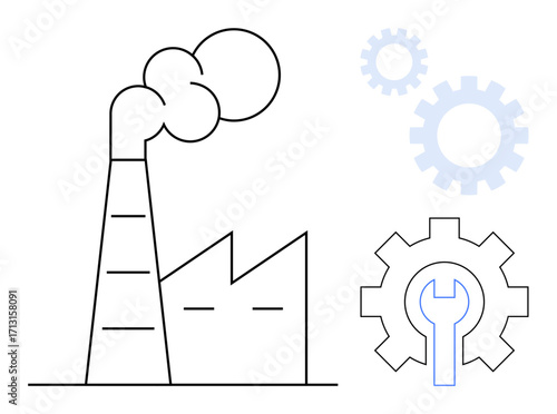 Factory with smoke stack emitting smoke, gears in operation with wrench symbol. Ideal for industry, manufacturing, engineering, maintenance, production, innovation and sustainability. Modern flat