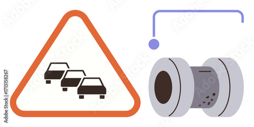 Red warning sign with cars signifying congestion paired with a mechanical brake system detail. Ideal for transportation, safety, traffic management, maintenance, engineering, automotive, cautionary