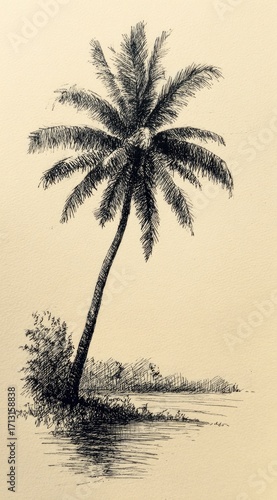 A detailed pen and ink sketch portrays a lone palm tree by a tranquil body of water.