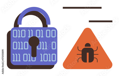Locked padlock with binary code alongside a triangular sign featuring a bug icon, representing cybersecurity and malware threats. Ideal for IT security, hacking prevention, data protection, risk
