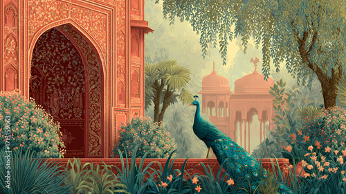 A majestic peacock with vibrant blue plumage wanders through a serene and lush royal garden featuring ornate Indian Mughal architecture
