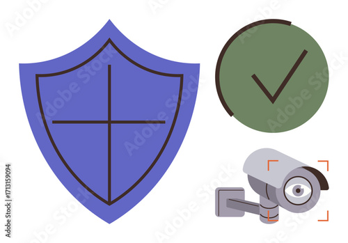 Shield symbolizing protection, green checkmark indicating approval, and surveillance camera for monitoring. Ideal for cybersecurity, safety, surveillance, approval, reliability, trust data