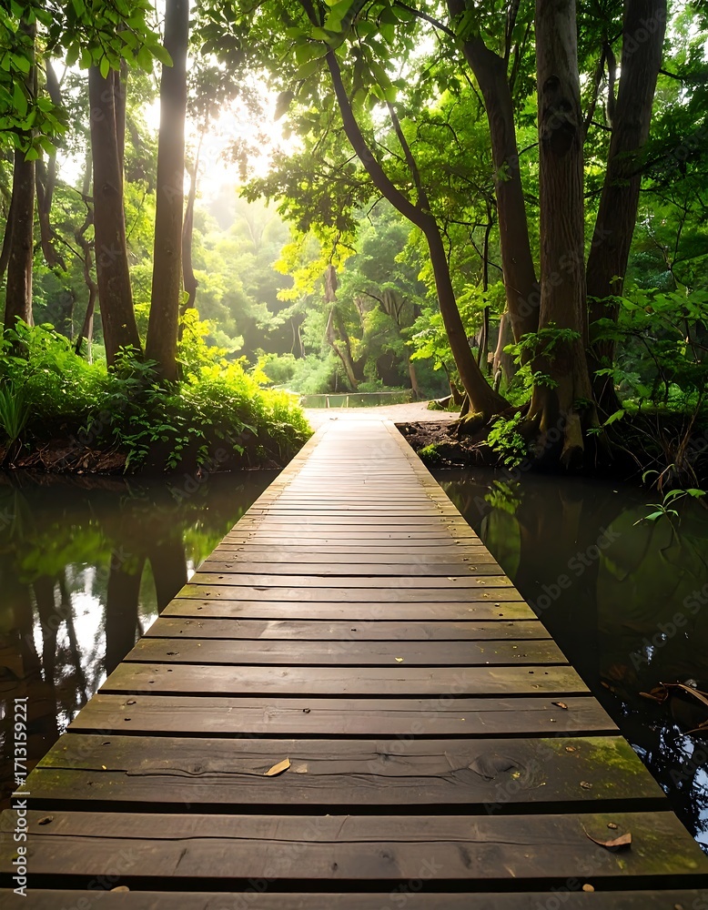 Obraz premium Wooden path through a tranquil forest, sunlight filtering through trees