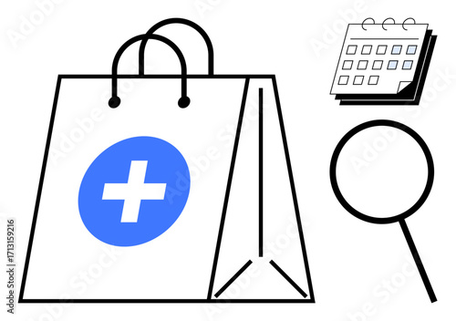 White shopping bag with health cross, calendar, and magnifying glass symbolizing medical shopping, health appointment organization, product research. Ideal for health planning, pharmacy, scheduling