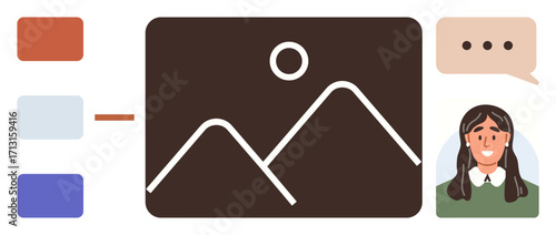 Woman providing feedback on a creative digital landscape design concept. Ideal for design process, brainstorming, communication, user experience, collaboration, content creation, simple flat metaphor