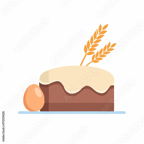 Cake with wheat stalks and a single egg, a culinary baking still life concept