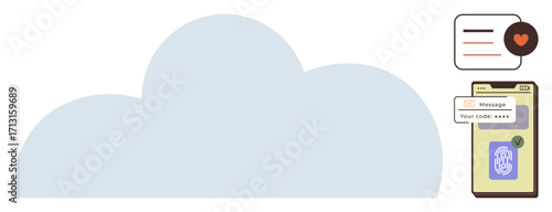 Blue cloud and smartphone represent cloud technology, secure login with fingerprint for two-factor authentication. Ideal for digital security, cloud computing, data storage, communication