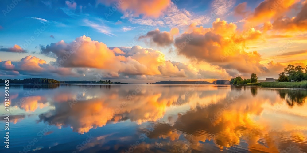 Obraz premium Softly glowing clouds float above a serene lake at dawn, with a warm orange glow spreading across the water surface , sunrise