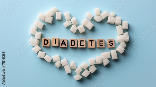 sugar cubes forming heart shape with diabetes text blocks on pastel blue background for Diabetes Awareness Month visuals, medical infographics, and health campaign posters