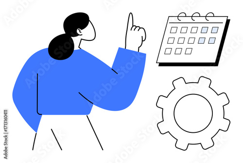 Woman gesturing while pointing at a calendar, alongside a gear symbolizing planning, scheduling, and efficiency. Ideal for productivity, time management, organization, workflow, decision-making