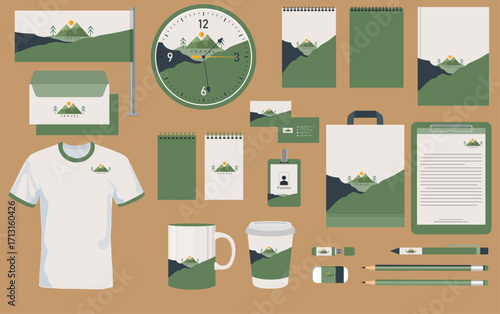 Flat classic brand identity with mountain landscape decor