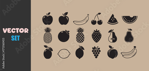 Hand drawn collection of various fruits and berries in black silhouette