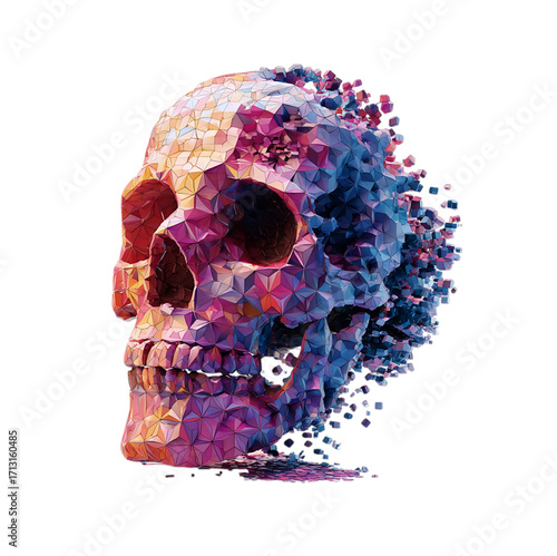 Striking geometric skull with vibrant colors dissolving into particles, symbolizing mortality, transformation, and the beauty of decay in a modern digital art style