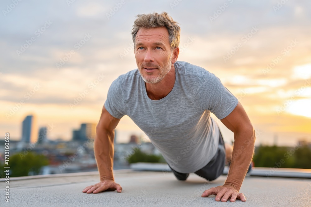 Fototapeta premium A fit mature man doing push-ups on a rooftop with city skyline at sunset. Active and healthy lifestyle concept with warm and peaceful atmosphere. Enjoying the sunset workout.