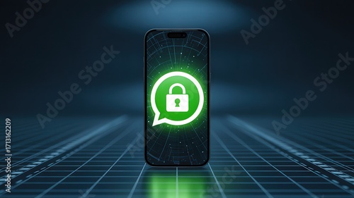 Smartphone displaying a green whatsapp icon with a padlock on a futuristic grid background