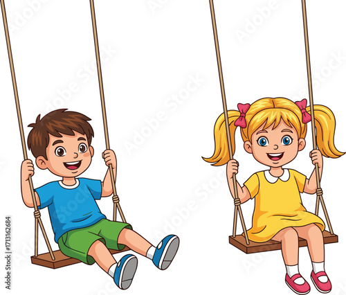 Cartoon illustration of happy boy and girl playing on swings, children enjoying playground outdoor activity with smiling faces, fun kids