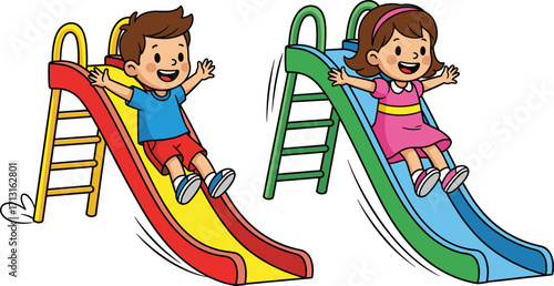 Cartoon illustration of happy boy and girl sliding on playground slides, children enjoying outdoor fun activity, smiling kids playing together