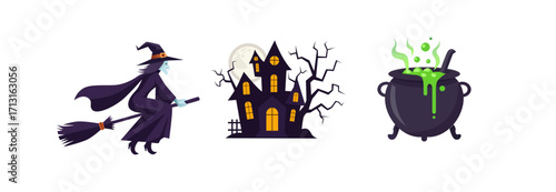 Halloween Witch, Haunted House, and Cauldron Icon Set – Spooky Vector