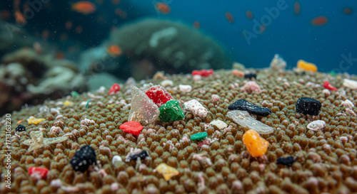 Underwater Microplastics Pollution: Colorful Plastic Debris on Coral Reef, Ocean Environment