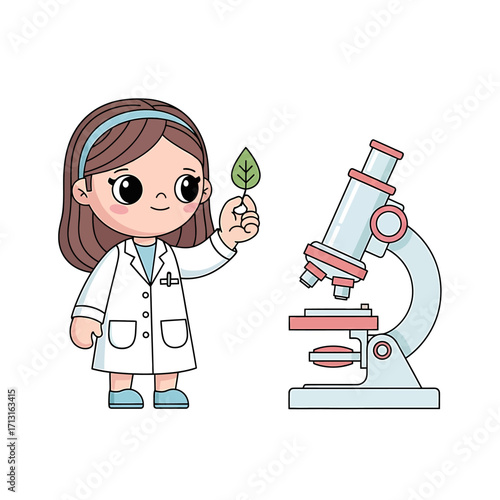 Illustration of a cartoon scientist with a microscope and leaf, demonstrating a science concept