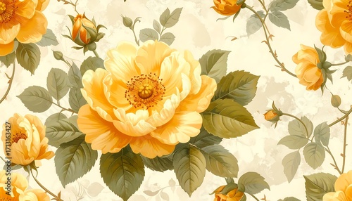 A beautiful, intricate floral pattern showcases a repeating design of vibrant yellow roses with delicate green leaves, set against a soft cream backdrop.