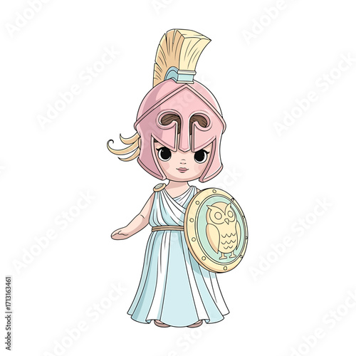 Adorable chibi mythological warrior goddess illustration, depicting a sweet ancient Greek figure with a helmet and shield, ideal for children's designs and educational content