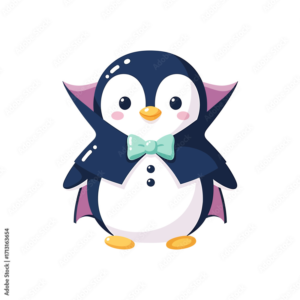 Obraz premium Adorable cartoon penguin character wearing a vampire costume with a cape and bow tie. Cute animal vector illustration for Halloween, isolated on white