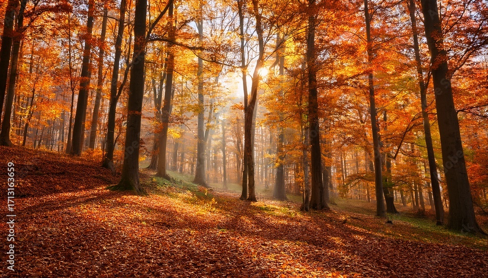 Fototapeta premium Tranquil Orange Autumn Forest Trees Fallen Leaves Royalty High Quality Free Best Stock Of Beautiful Forest In The Bright Sunshine Of The Sun Peaceful Landscape Nature Scenery Colorful Foliage