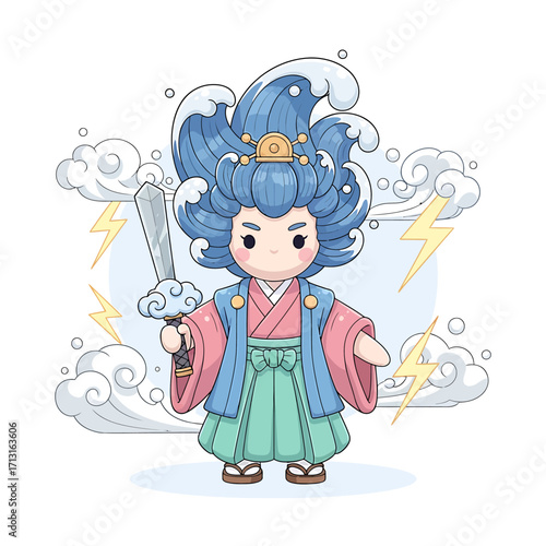 Adorable anime-inspired water spirit with vibrant blue wave-like hair and traditional attire, brandishing a gleaming sword amidst dynamic clouds and lightning bolts, embodying nature's elemental power