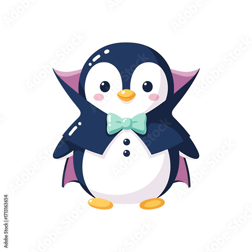 Adorable cartoon penguin character wearing a vampire costume with a cape and bow tie. Cute animal vector illustration for Halloween, isolated on white