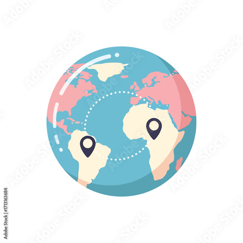 Global connection concept depicting two distinct location pins on separate continents linked by a dotted line, symbolizing international travel, worldwide shipping, and communication