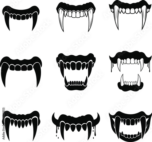 Halloween Fangs Icons Set - A Pack of 9 Different Silhouette Illustrations with a White Backgroun