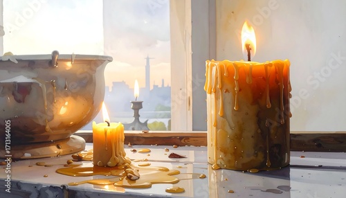Two melted candles, illuminated by a soft light, sit on a table with a view of a city.
