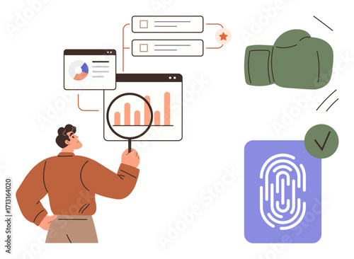 Man analyzing charts with magnifying glass, fingerprint scan for security, boxing glove for risk and protection. Ideal for data, security, research, analysis, risk technology investigation. Simple