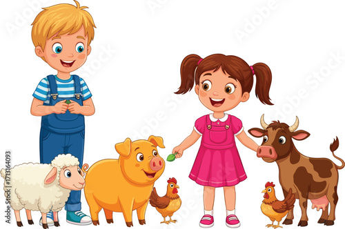 Happy children feeding farm animals cartoon illustration, kids with cow pig sheep chicken, countryside agriculture, rural farming lifestyle, education concept