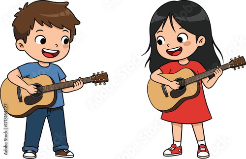 Happy children playing acoustic guitar together, smiling boy and girl enjoying music, fun kids musical performance, learning instrument, joyful entertainment activity