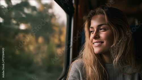 Woman smiling in wonder and deep thought looking out a train of a moving train during a late daytime sunset