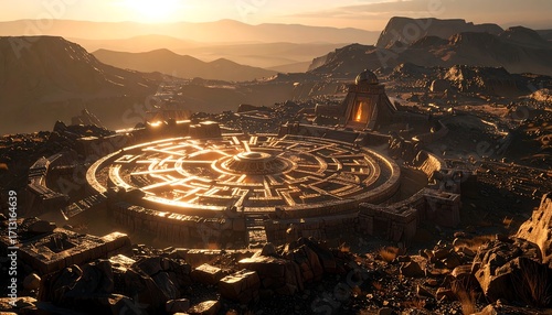 Ruins Landscape View with Circular Structure at Sunrise