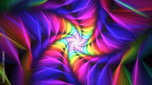 Bright multicolor curve rays, beams, stripes forming heliciform hypnotic background. Neon vortex, rotation, deformation. Fluorescent abstract pattern curling, moving around centre. 4K UHD 4096x2304