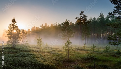Serene Forest Landscape With Misty Atmosphere And Soft Light Peeking Through Trees At Dawn