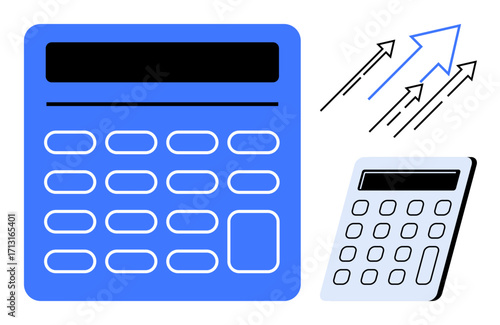 Blue and white calculators with arrows pointing upward, symbolizing upward trends, financial success, and progress. Ideal for finance, business, analytics, accounting, strategy growth success