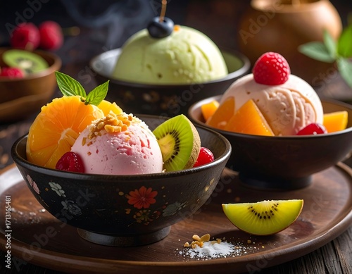 Three bowls of assorted ice cream with fresh fruit toppings, showcasing a delightful array of flavors and textures.