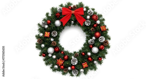 Festive christmas wreath with red bow silver ornaments and pine cones on a white background decoration holiday
