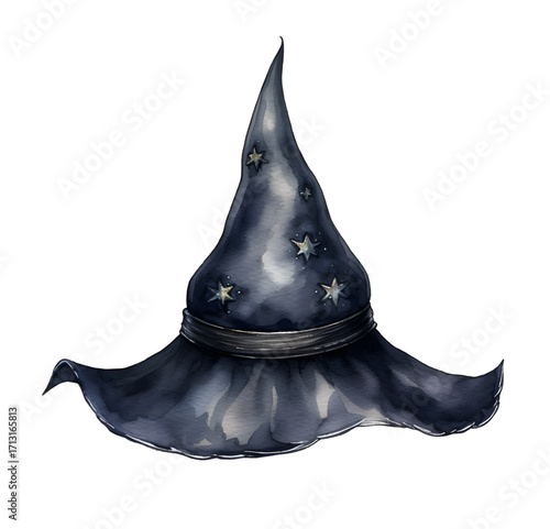 Watercolor Black Witch Hat with stars