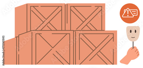 Wooden crates stacked in rows, warning sign indicating caution, hand holding a mask suggesting hidden risks. Ideal for logistics, safety, deception, storage, risk management, shipping hidden truth