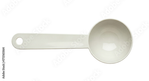 Off-white plastic measuring spoon, top view, handle to left, hole in handle for hanging. Isolated on transparent background, png
