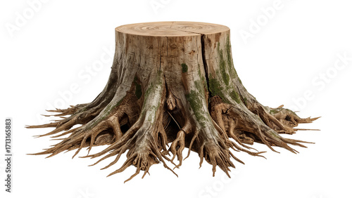 Close-up of weathered tree stump with exposed roots shows the beauty and detail of nature. Isolated on transparent background, png