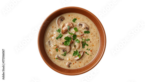 Creamy mushroom soup with fresh parsley served in a ceramic bowl, perfect for a cozy meal. Isolated on transparent background, png