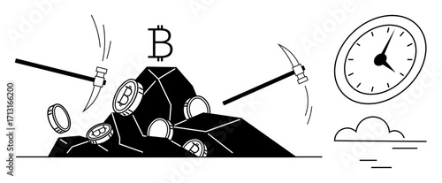 Pickaxes striking rocks containing Bitcoin coins under a clock icon and cloud. Ideal for finance, cryptocurrency, Bitcoin mining, investment, blockchain, time management, wealth. Simple flat metaphor