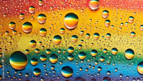 Close Up Of Colorful Water Droplets On Rainbow Surface With Yellow Background